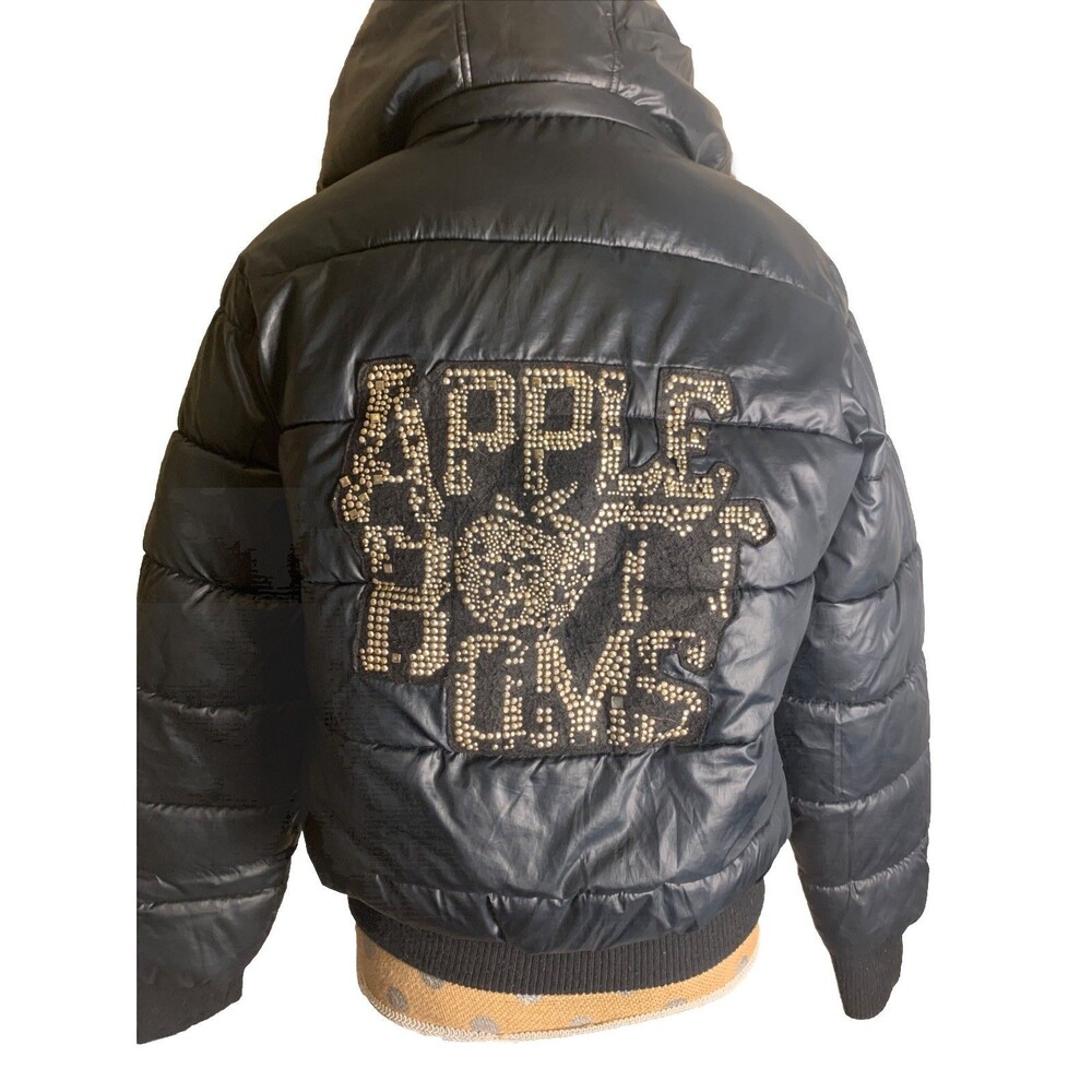 VtG Y2K Apple bottom bling puffer Fur hood Winter Black Rhinestones Gold Details